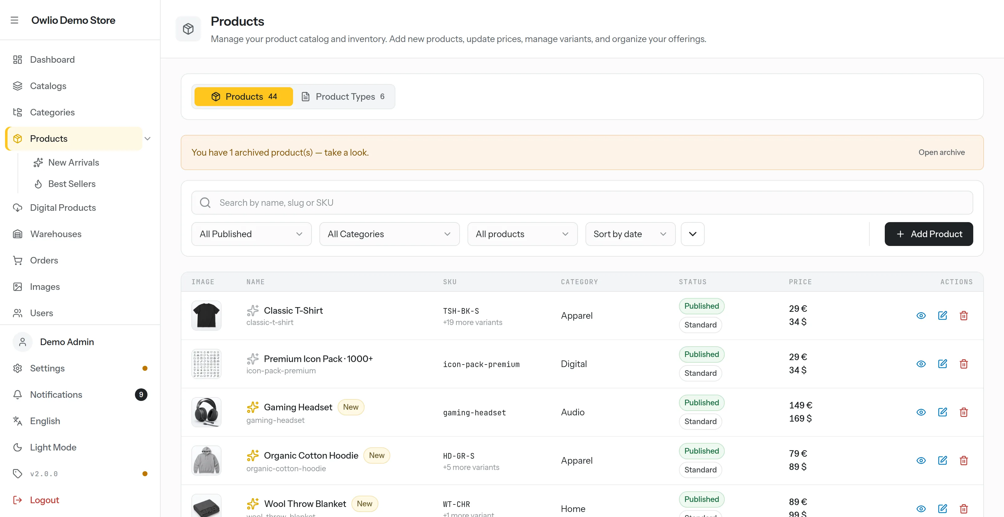 Admin Panel — Product Catalog