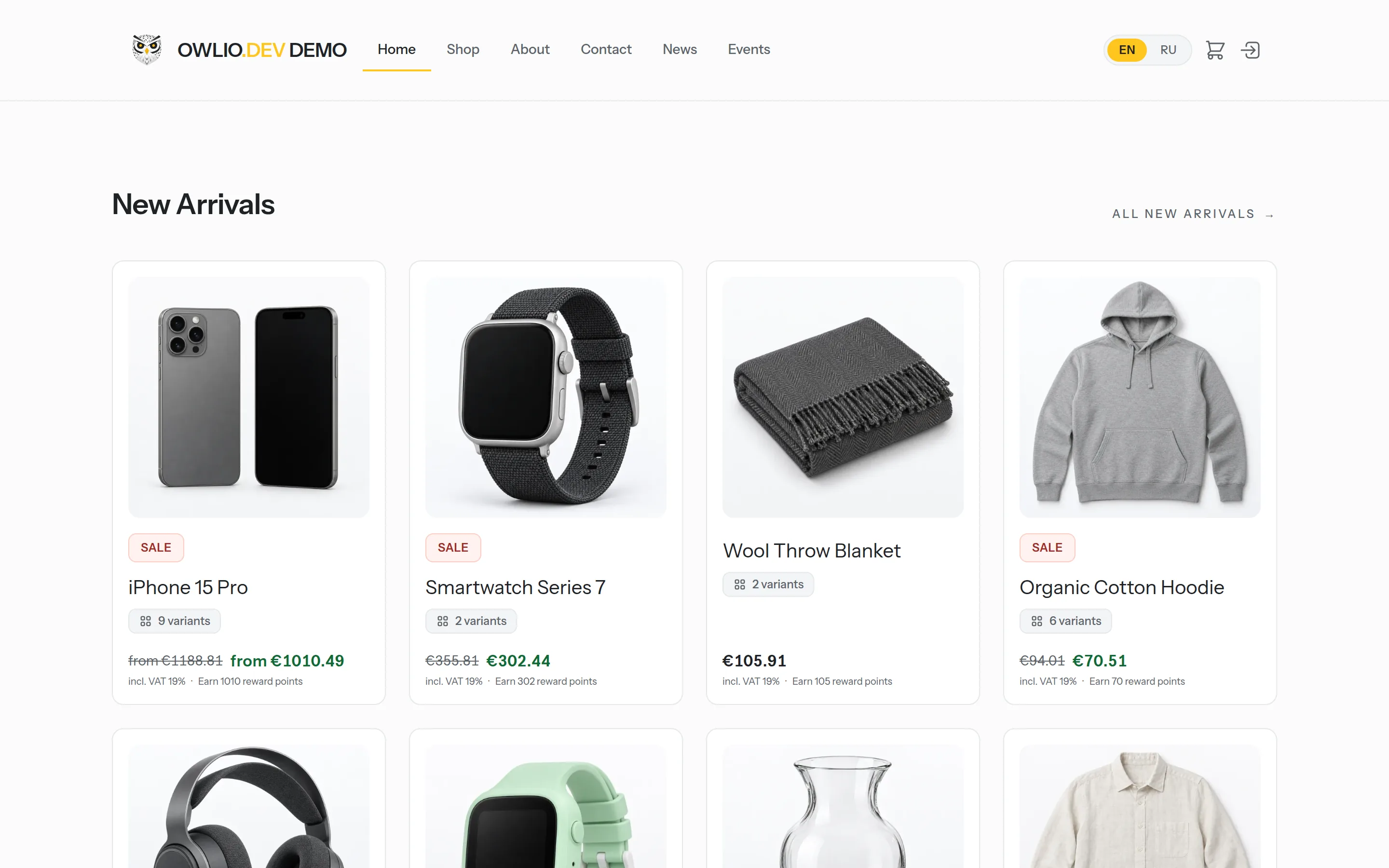 The Owlio demo storefront: new arrivals with prices, badges and variants